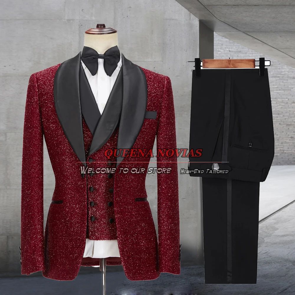 Traje de lentejuelas brillantes para hombre, esmoquin de boda para novio, conjunto de Blazer burdeos, vestido Formal de fiesta de graduación, hecho a medida, 3 piezas de negocios