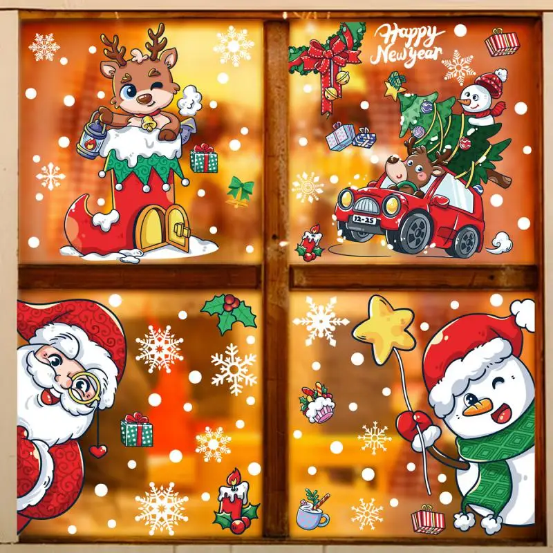 Pegatinas navideñas, nuevas pegatinas estáticas de dibujos animados de Papá Noel, pegatinas de cristal para puerta y ventana de muñeco de nieve de Navidad, regalos de navidad