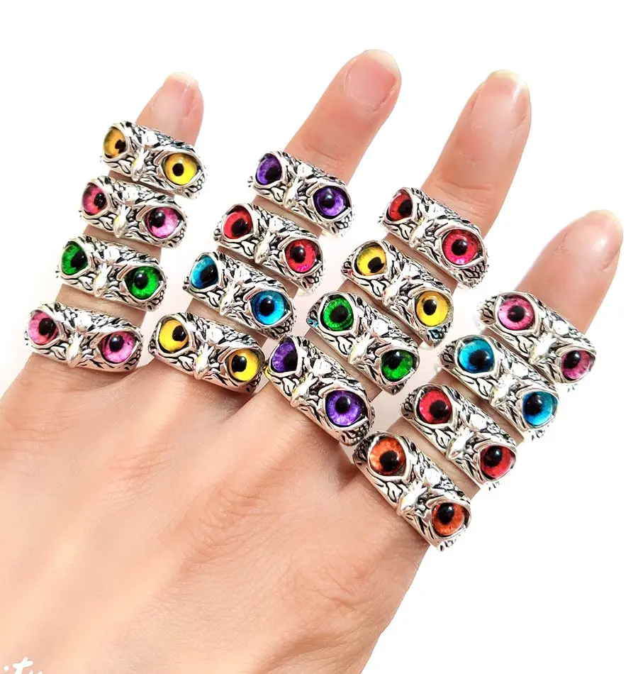 Wholesale lots 10/20/100pcs Top Color Eyes Vintage Cute Owl Animal Rings for Man and Women Punk Hot Jewelry 2022