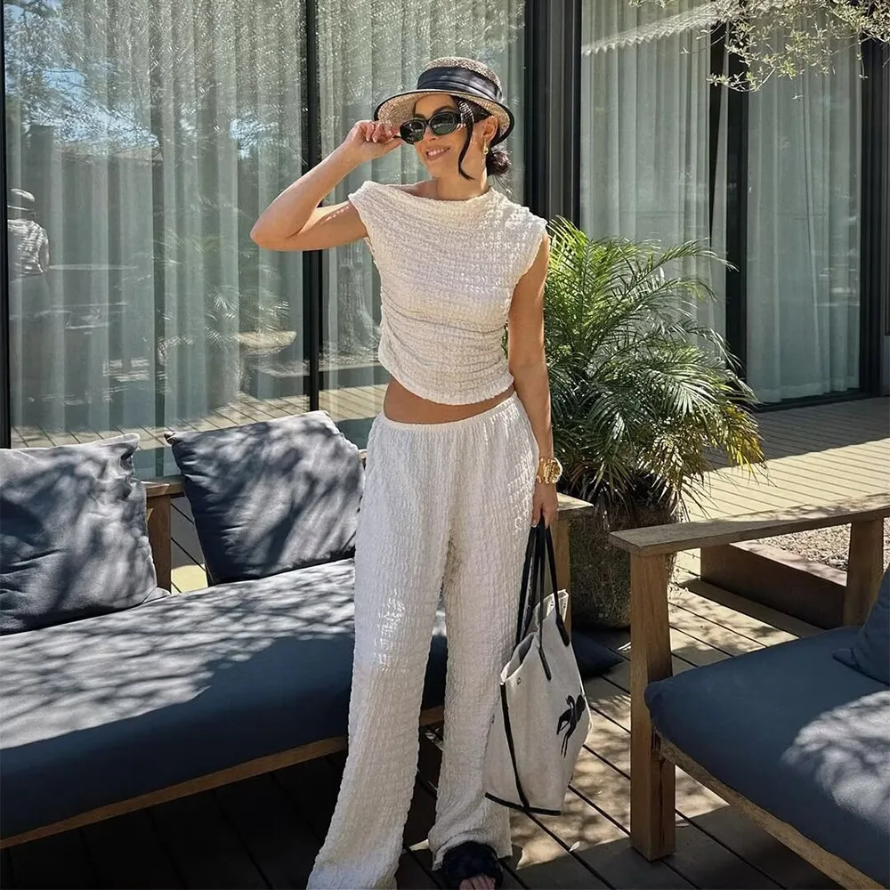 

Summer Elegant Casual Long Pants 2 Piece Set Women One Shoulder Sleeveless Irregular Tops Loose Pants Vacation Beach Streetwear