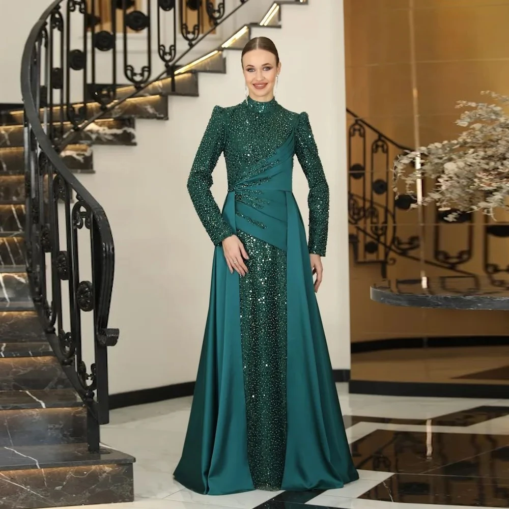 

Welove Green High Neck Evening Gowns Saudi Arabia Sequins Formal Prom Dress Floor Length Vestido De Festa Muslim New 2023
