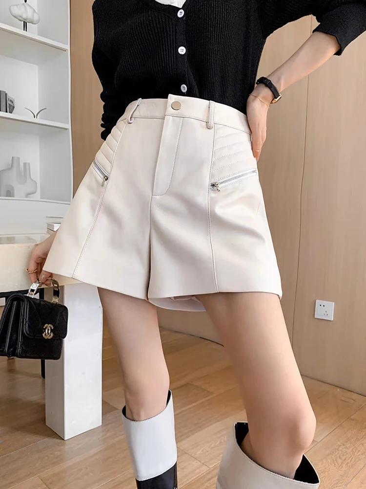 A-line Fashion Spring/Winter Women 100% Genuine Leather Pockets Casual Shorts Female Sexy Pure White Wide Leg Boots Mini Pants