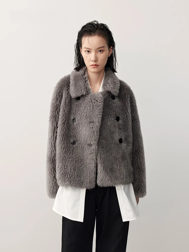 

XMOOM Winter New Sle Women's Full Wool Fur Coat Small Collar Double Button Ele Simple Commute Sle Long Sve Coat