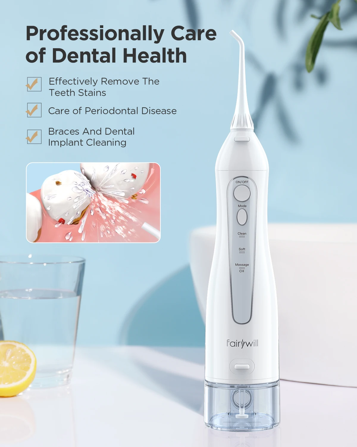 Fairywill Water Flossers Oral Irrigator Rechargeable Portable Dental 3 Modes Water Tank for Teeth 300ML Waterproof Teeth Cleaner