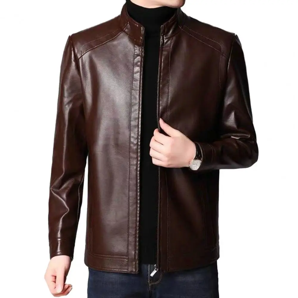 Men Jacket Faux Leather Solid Color Stand Collar Long Sleeve Zipper Neck Protection Motorcycle Windproof Autumn Winter Jacket