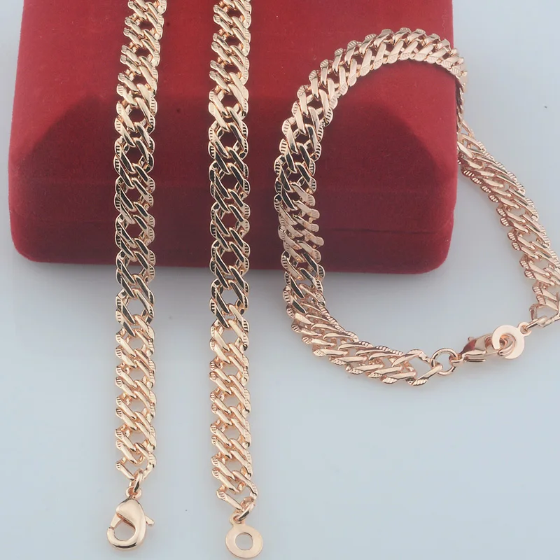 5mm 6mm Women Men 585 Rose Gold Color Carving Curb Necklace Bracelet Set Jewelry