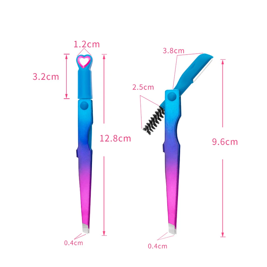 Aço inoxidável sobrancelha aparar ferramenta, 3 em 1, faca dobrável, clipe multifuncional, escova de sobrancelha, novo