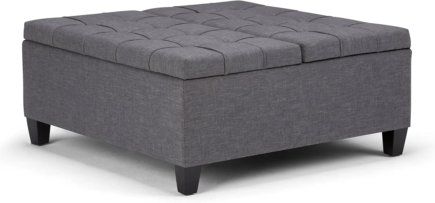 กว้าง 36 นิ้ว Transitional Square Coffee Table Storage Ottoman ใน Slate Grey Linen Look Fabric ประกอบแล้ว