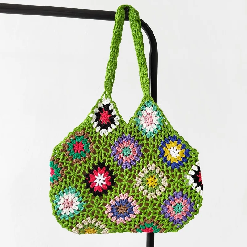 Handmade Crochet Floral Tote Bag Women Large Capacity Knitted Bag Trendy Vintage Hollow Out Shoulder Bag Casual Shopping Handbag