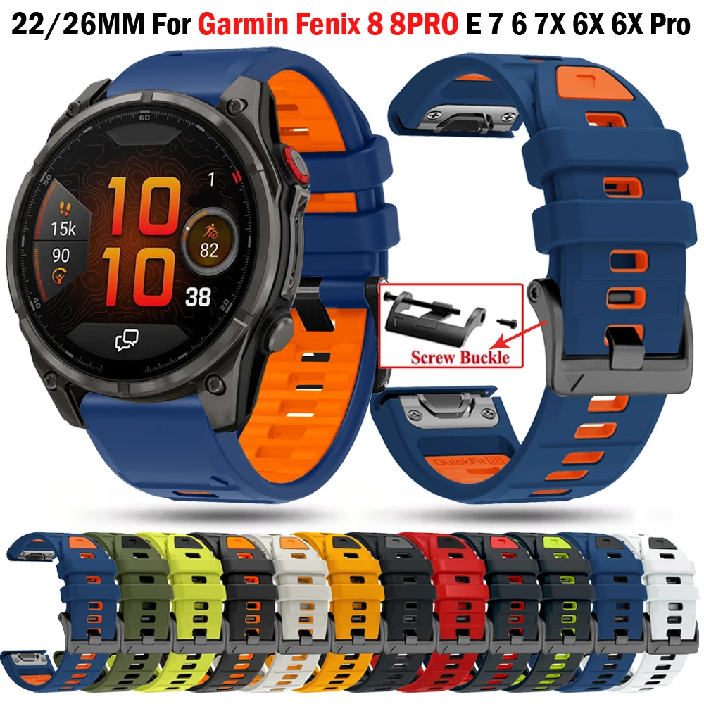 

QuickFit 22mm 26mm Sport Silicone Strap For Garmin Fenix 8 8Pro 7X 7 Pro 6X 6 Pro 5 5X Plus/Epix 2 47mm 51mm Bracelet Watchbands