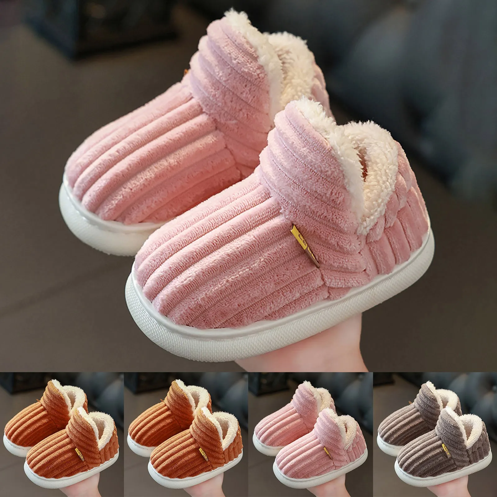 New Winter Concise Stripe Plush Slippers Children\'s Non-slip Soft Sole Kids Boys Girls Heel Wrap Warm High Home Cotton Shoes