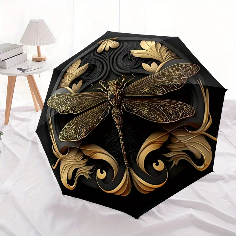 

Автоматический складной зонт 1 шт. — компактный и легкий дизайн с 8 полосками, черный, с золотой стрекозой и цветочным узором, прочный пла