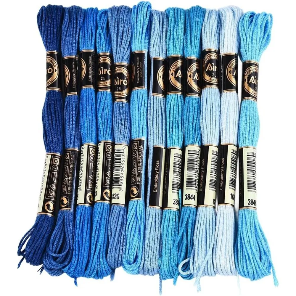 12 Skeins 6 Strands Blue Stitch Thread Variegated Gradient Embroidery Floss Polyester Friendship Bracelet String Yarn Threads