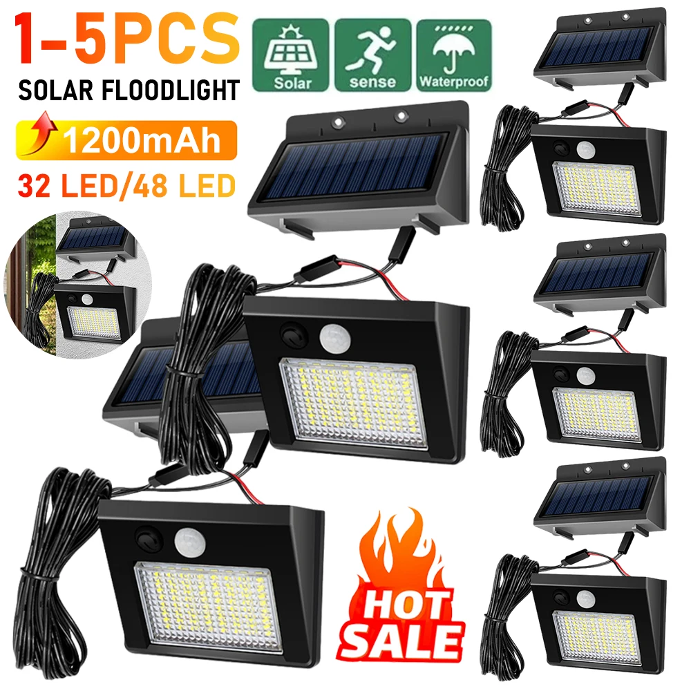 1-5PCS 32/48LED Solar Light Outdoor Waterproof Floodlight 1200mAh Separate Panel Solar Flood Lights for Patio Garage Backyard