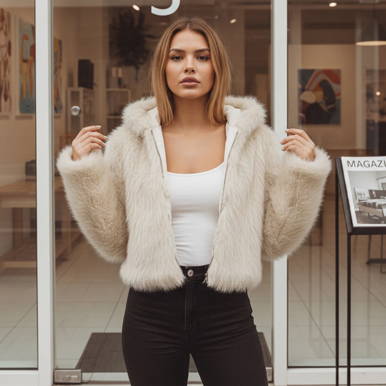 

Winter Warm Coat for Women Solid Color Faux Fur Zipper Outerwear Solid Color Long Sleeve Open Front Hood Jacket Tops