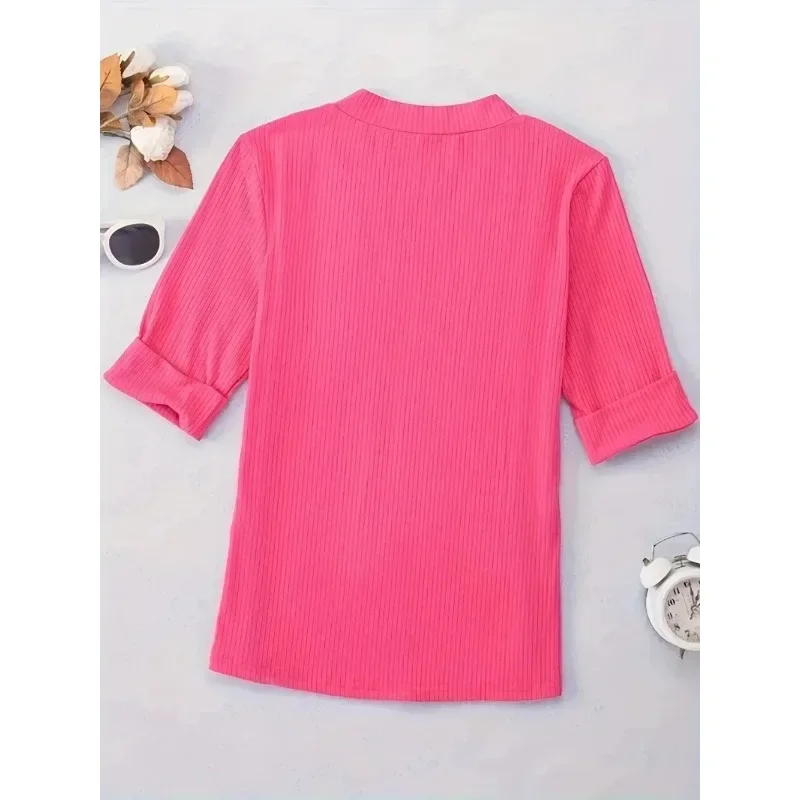 Plus rozmiar 1XL-5XL damski Casual V Neck jednokolorowy T-Shirt Top damski odzież w dużych rozmiarach obcisły modny top