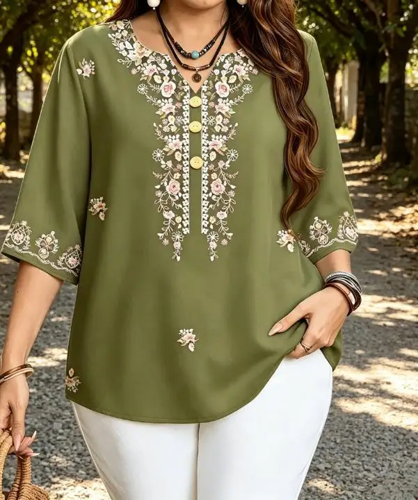 Vintage Floral Embroidery Blouses Notch V Neck Half Button 3/4 Sleeve Soft Casual Daily Women Shirts