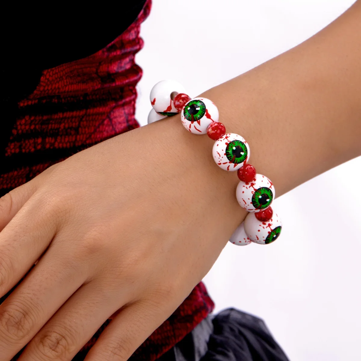 Halloween Blut Hand Evil Eye Fledermaus Kürbis Geist Spinne Druck Holz Perlen Armband Gothic Boho Party Schmuck Geschenk für Frauen Männer