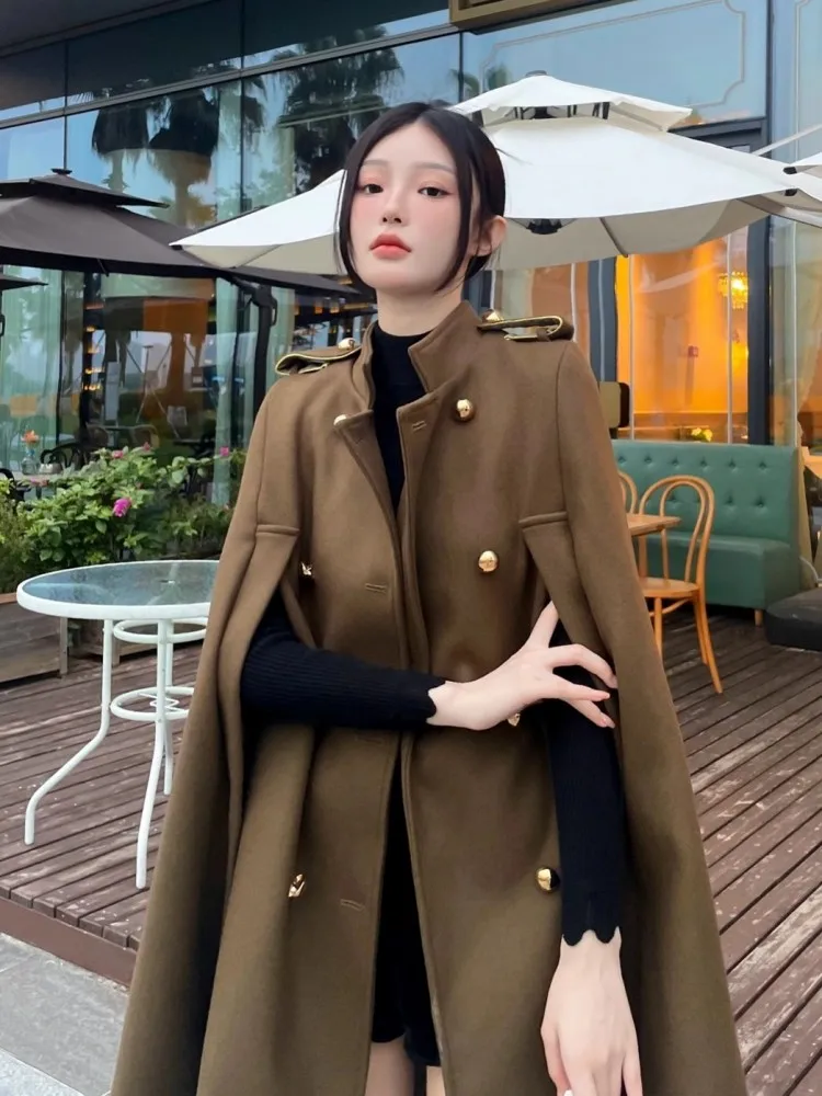 Autumn Winter Women Cloak Overcoat Stand Collar Double Breasted Loose Fit Middle Long Jacket Vintage Office Ladies Woolen Coat