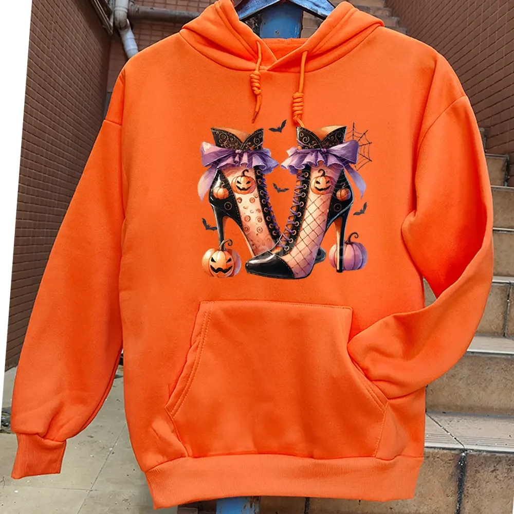 2024 Halloween High Heels Graphic Pumpkin Bat Printed Sweatshirt Funny Cartoon Harajuku Ladies Long Sleeve Halloween Costume