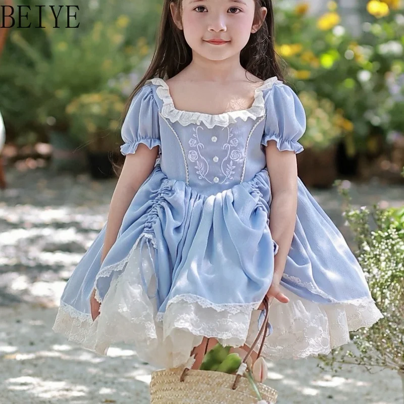 Lolita Blue Tutu Original Design Girls Summer Dress Short Sleeve Sweet Princess Dress Summer Children Birthday Wedding Dress