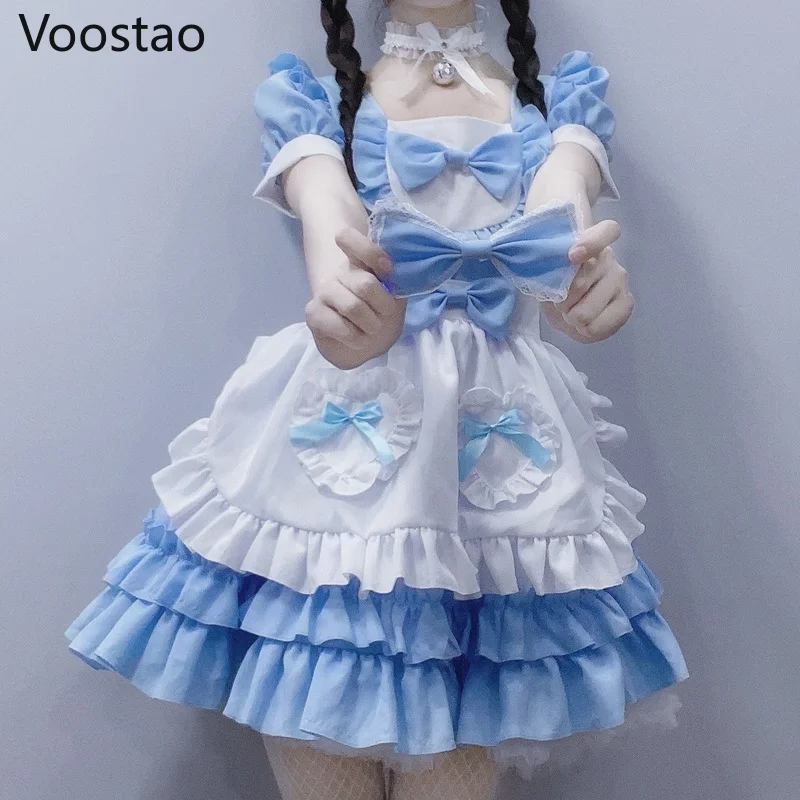 Japanese Kawaii Lolita Dress Girls Sweet Cream Sweetheart Maid Cosplay Blue Mini Dresses Women Vintage Cute Bow Ruffles Outfit