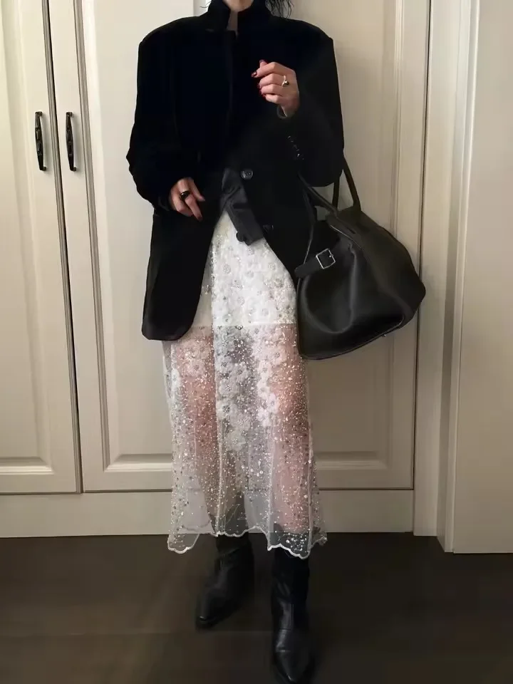 Pop Chic Heavy Industry Beading Sequin Floral White Midi Skirt Women Summer Elastic Waist Fairy Elegant Mesh A-line Long Half Sk