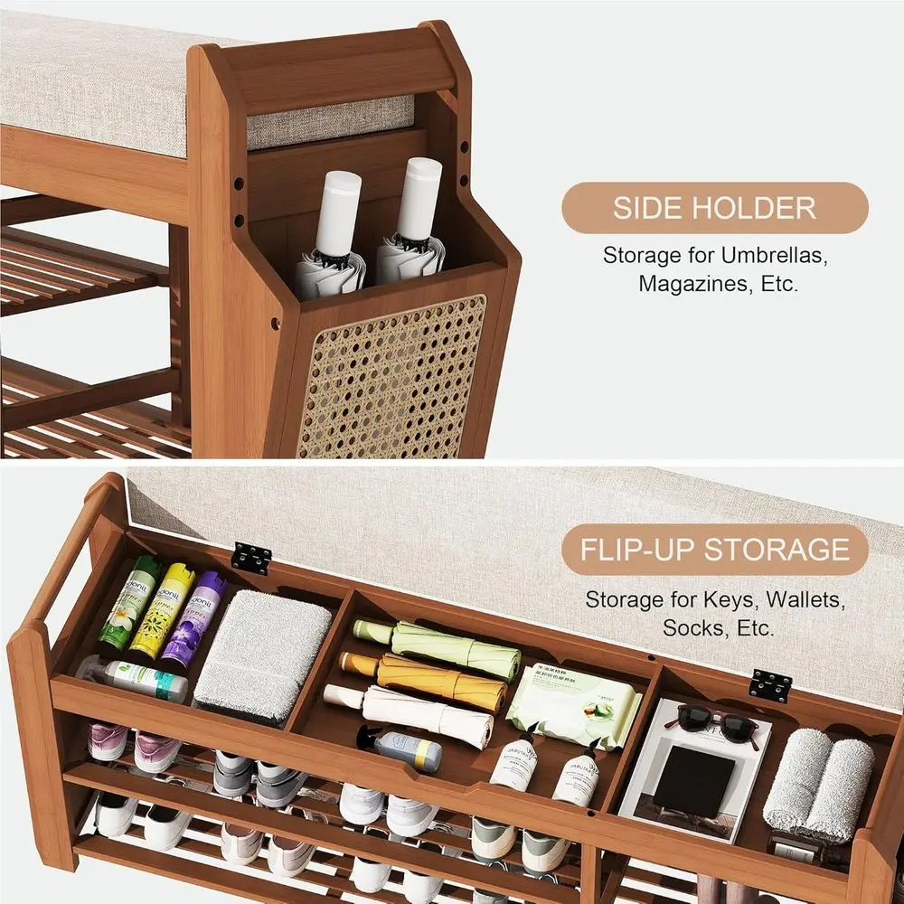 ชั้นวางรองเท้าไม้ไผ่ 3 ชั้น พร้อมเบาะหนานุ่ม ฝาพับเก็บได้ และช่องเก็บของด้านข้าง รับน้ำหนักได้ถึง 550 ปอนด์ เหมาะสำหรับทางเข้าบ้าน ห้องนั่งเล่น และห้องนอน