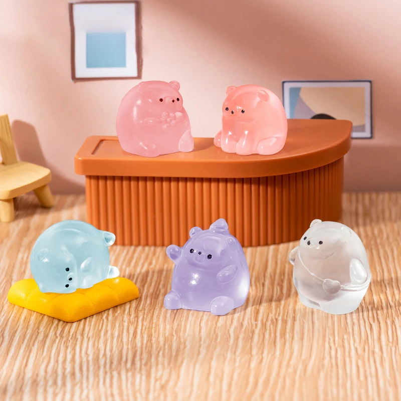 Mini Luminous Bear Figurine Cartoon Animals Micro Landscape Dollhouse Model Car Interior Ornament Home Desktop Decoration