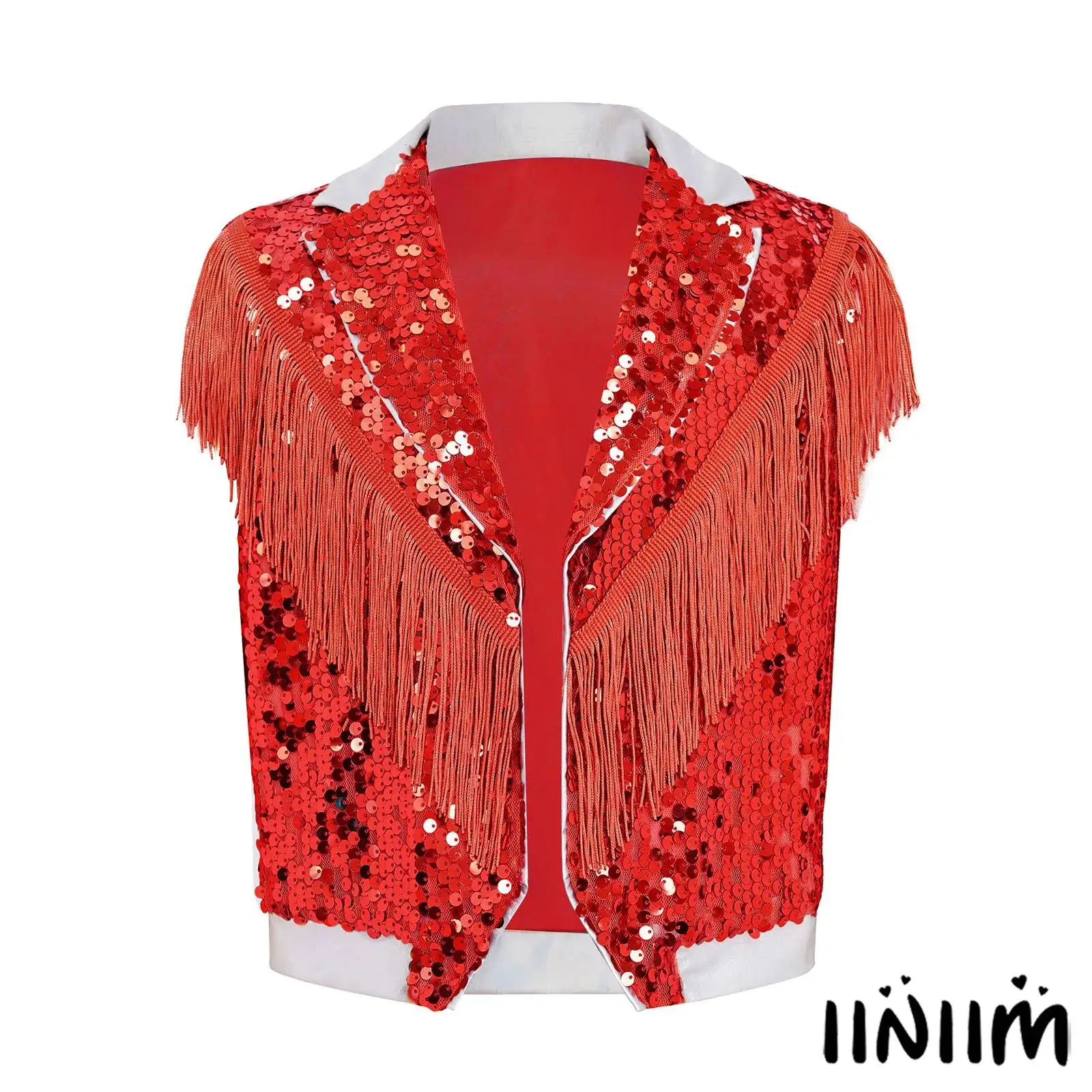 

Kids Boys Jazz Street Dance Stage Performance Costume Tassel Sparkling Sequin Vest Contrast Color Lapel Collar Sleeveless Tops