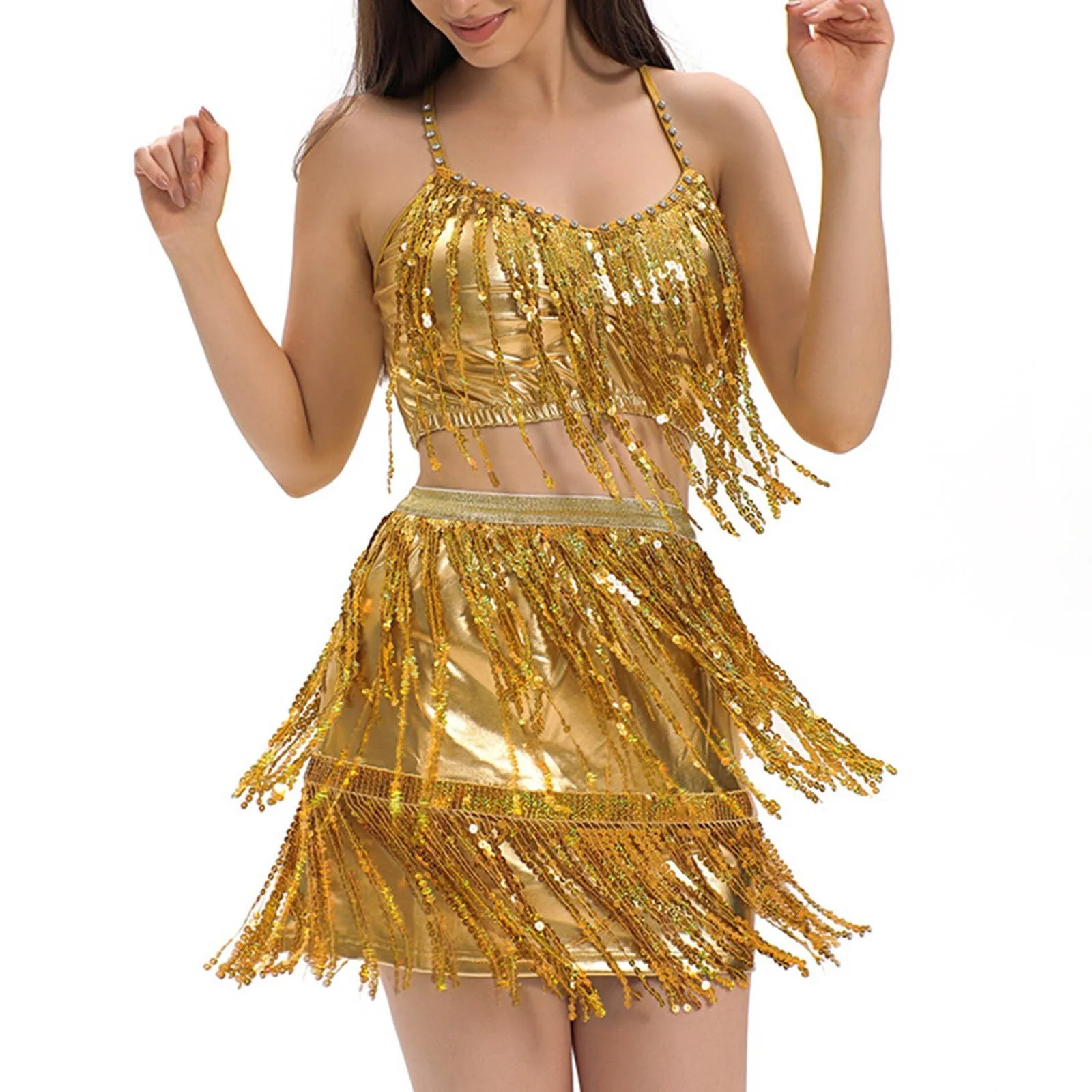 

Carnival Women'S Fringe Dance Dress Belly Sequin Set Adult Latin Dance Dress Halter Crop Glitter Fringe Half Skirt Stage Costume