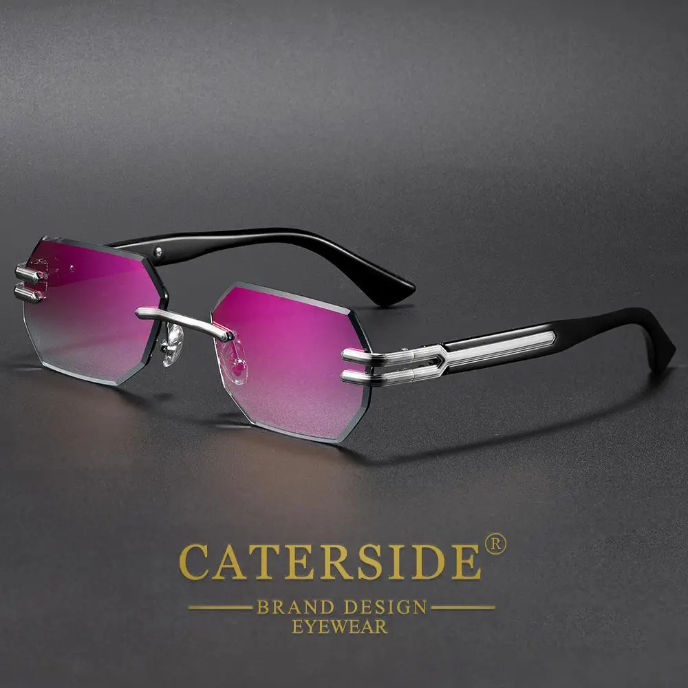 CATERSIDE Neue rahmenlose Sonnenbrille für Herren, modische polygonale Spiegellinsen mit Farbverlauf, Metallrahmen, Damen-Party-Sonnenbrille für den Außenbereich – Detail 13