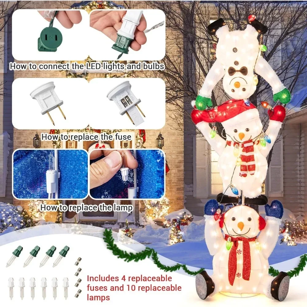 Decoração de bonecos de neve empilhados de Natal iluminados de 5,6 pés, ornamento de bonecos de neve pré-iluminado com luzes LED, corda de luz, exterior Xm