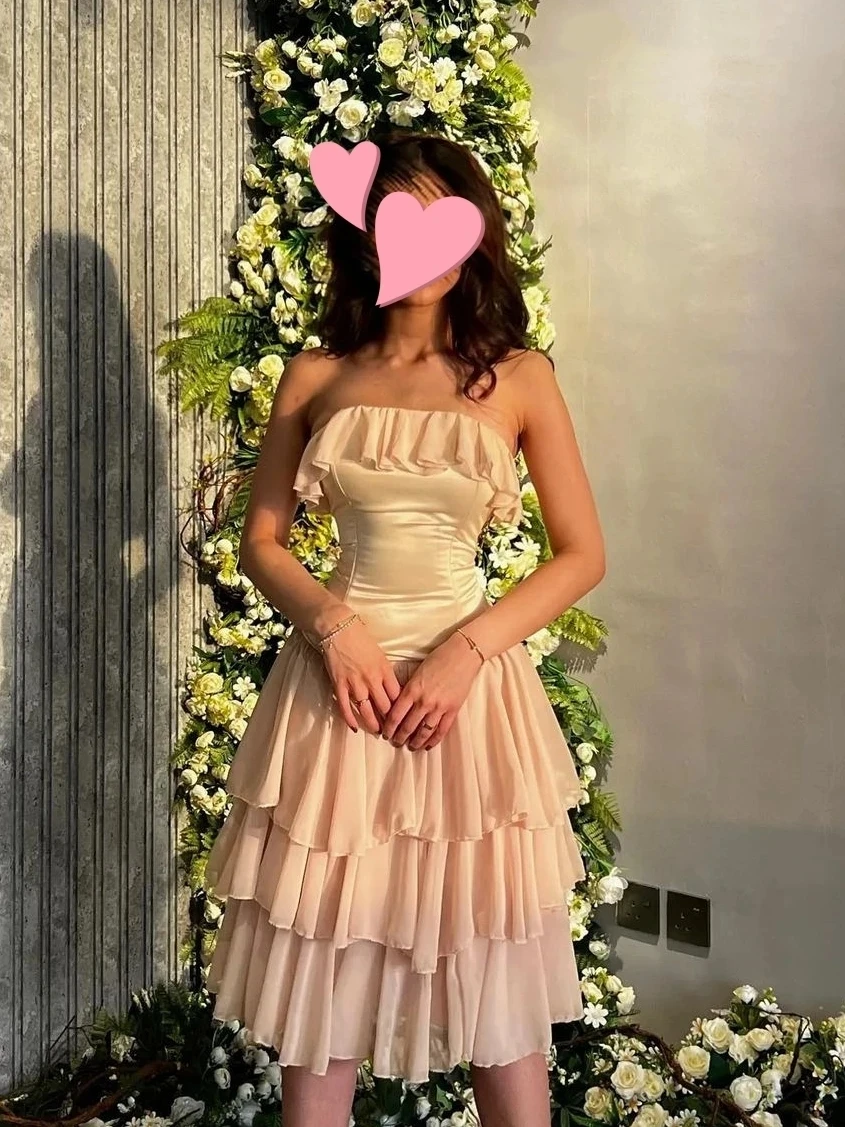 Robe de Bal en Mousseline de Soie, Élégante et Romantique, Vintage, Couleur Champagne, à Volants, Ruban Court Personnalisé, VincFormelle