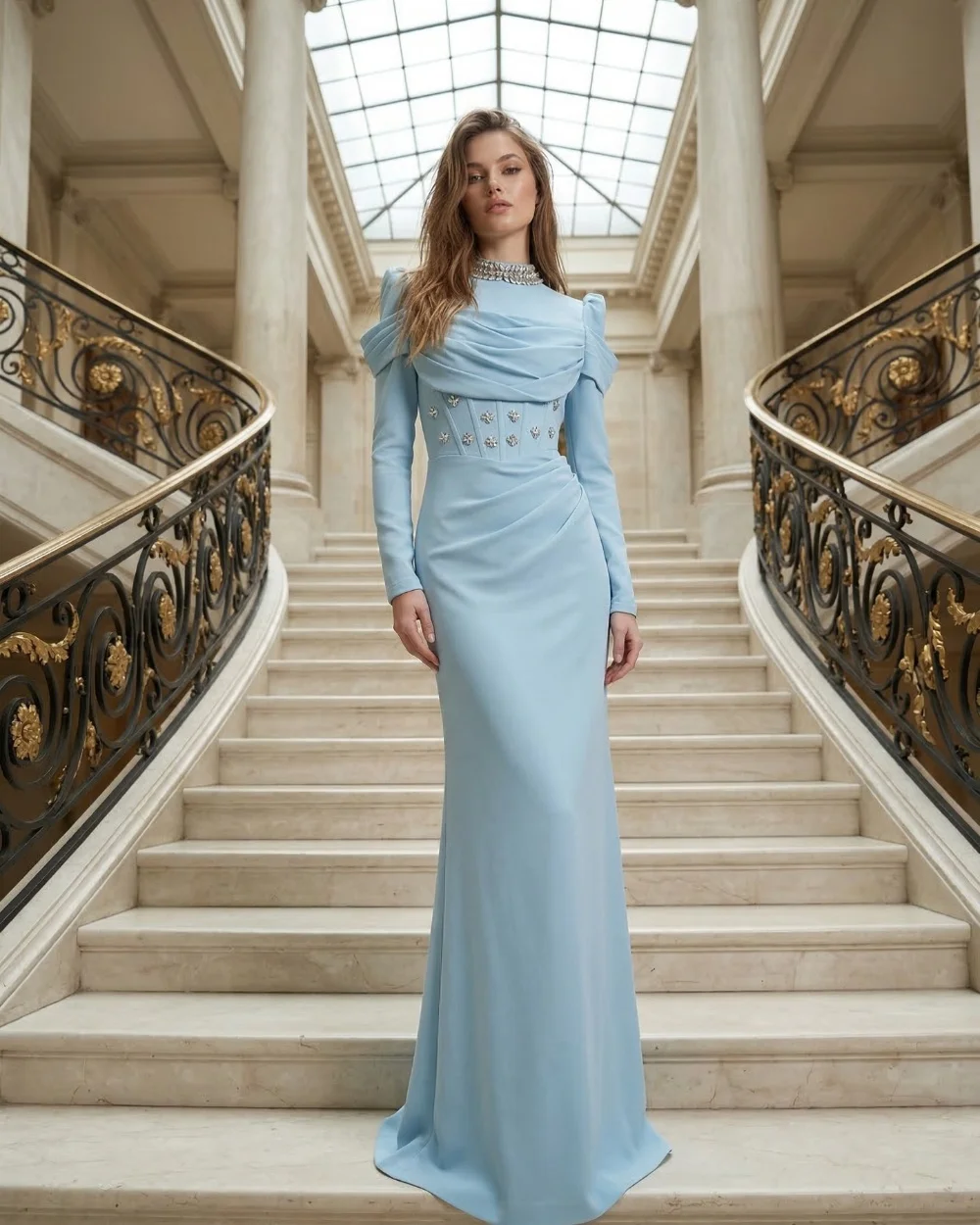 

Customized Blue Modest Luxurious Jersey Rhinestone Draped Mermaid High Collar Evening Dresses Long Dresses for Woman Exquisite