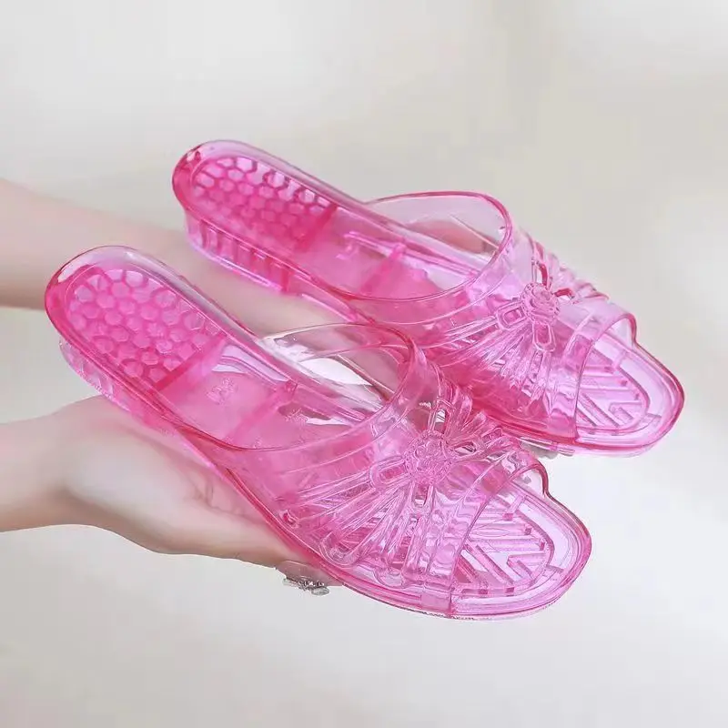 New Women\'s Summer Transparent Crystal One Word Wedges Slipper Soft Sole Non Slip Home Slippers Bathroom Slippers