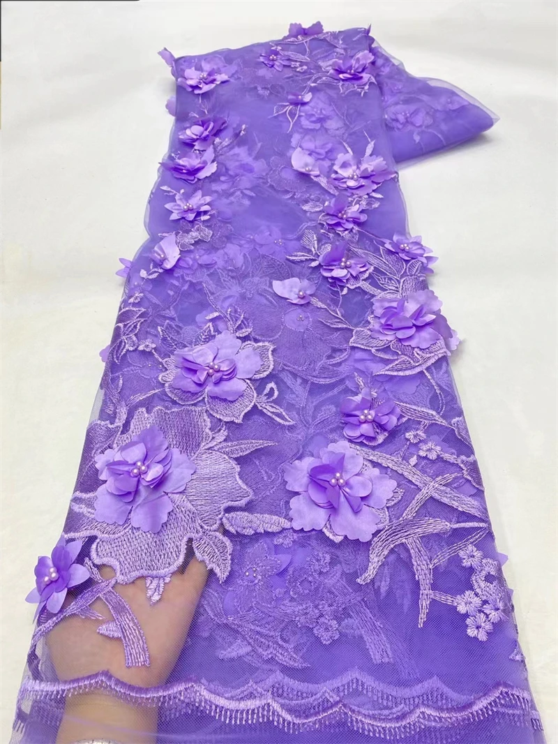 

Luxury French Beaded Tulle Lace Fabric Fashion 3D Flowers Lilac African Net Lace Fabrics With Sequins For Evening Material