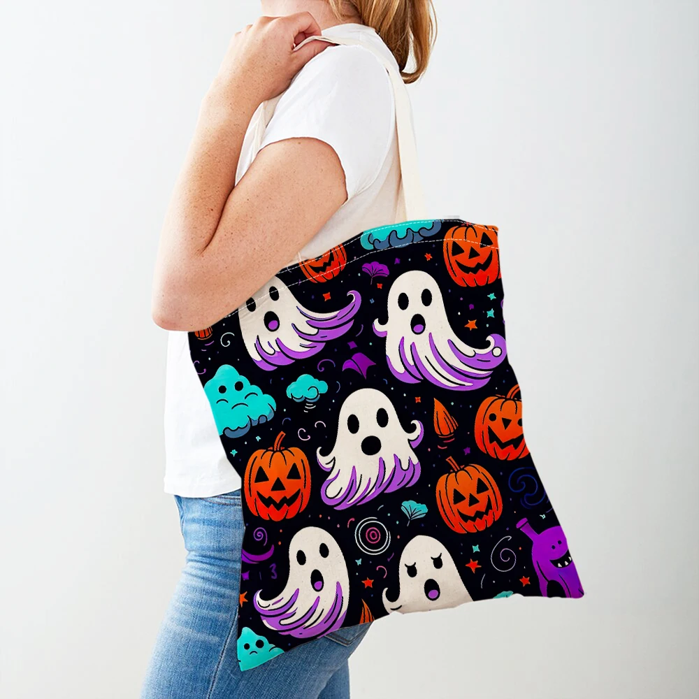 Bolsos de compras para mujer de Halloween, bolso de mano del Día de los muertos mexicano, calavera de dibujos animados, fantasma, bolso de viaje para mujer, bolso de compras para chica