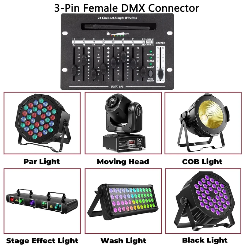 Imagem -03 - Controlador sem Fio para Iluminação de Palco Conector Dmx Iluminação de Palco Dmx dj Party Par Lights Pin Feminino 24 Channel 2.4g Dmx512