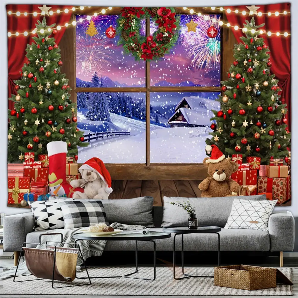 

Christmas Party Tapestry Fireplace Christmas Tree and Gifts Snow Scene Home Patio Wall Hanging Decor Blanket Living Room Mural