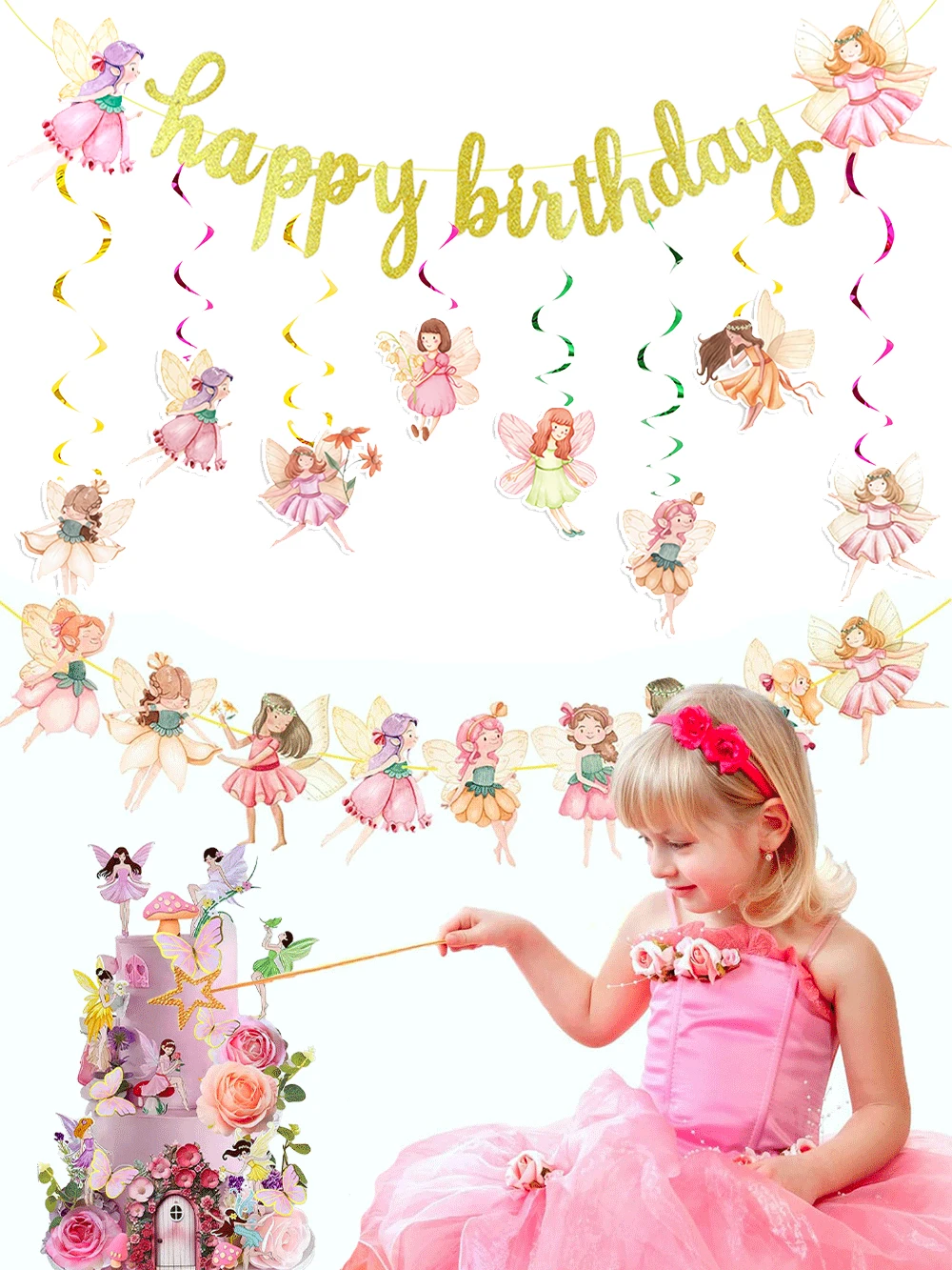 Fee Erster Geburtstag Dekoration Gold Glitzer Geburtstag Banner Tischdecke Kinder Fee Blume Thema Party Baby Dusche Dekor Zubehör – Detail 1
