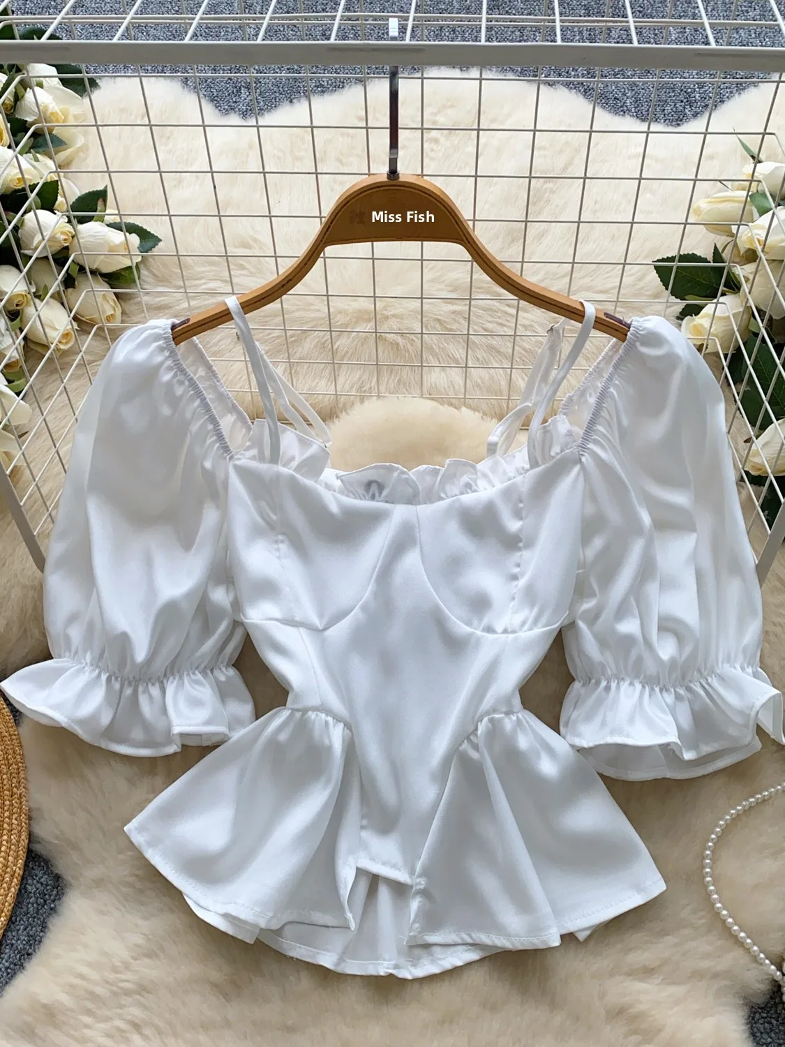 Zomer Dames Bubble Sve Zijde irt Taille Cinching Strap Ontwerp Koreaanse Sle Loose Fit ort Sve Casual Busin irt