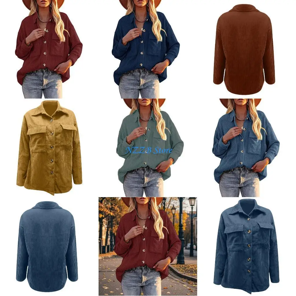 

T21F Women's Corduroy Shirt, Long Sleeve, Button-Down, Casual, Loose-Fitting, Stylish Top/Coat