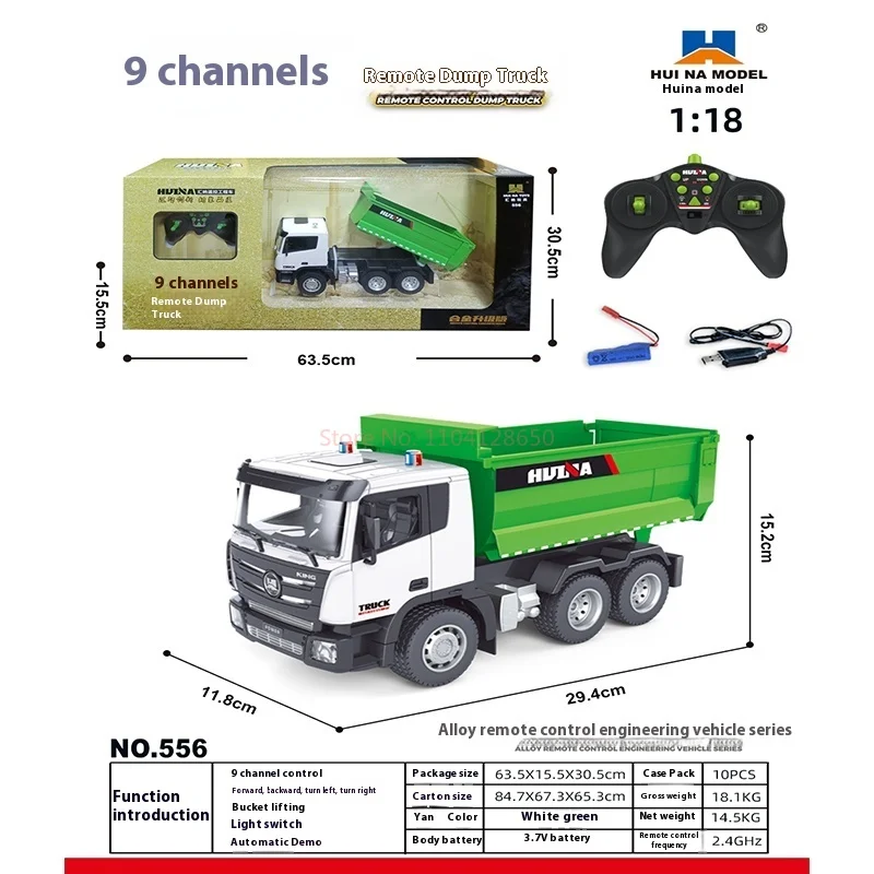 Huina 556 camión volquete con Control remoto de aleación, vehículo de ingeniería de simulación de 9 canales, vehículo de carga de juguete, modelo de vehículo de transporte