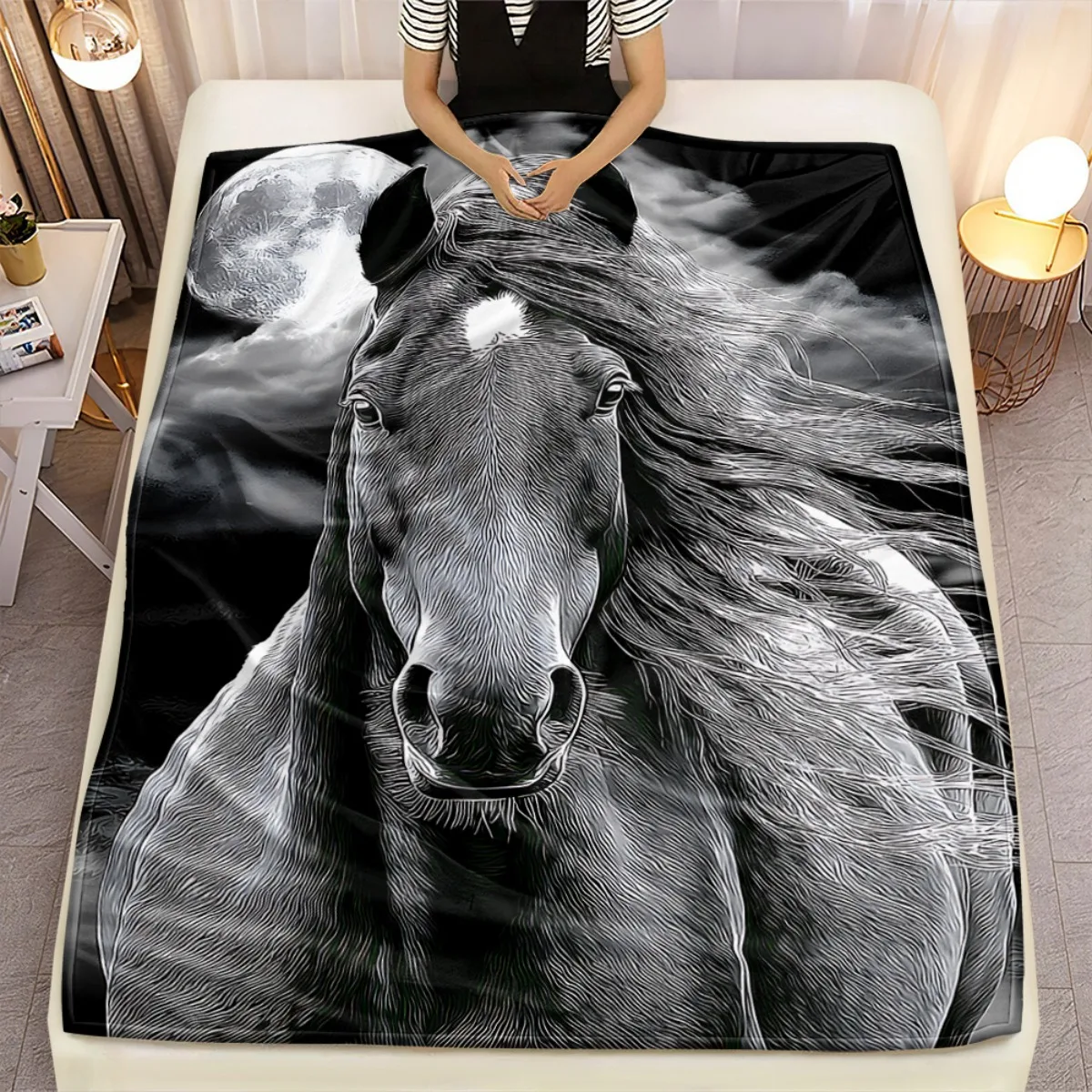 Black and white horse moon night flannel blanket artistic animal print blanket dramatic home decor piece
