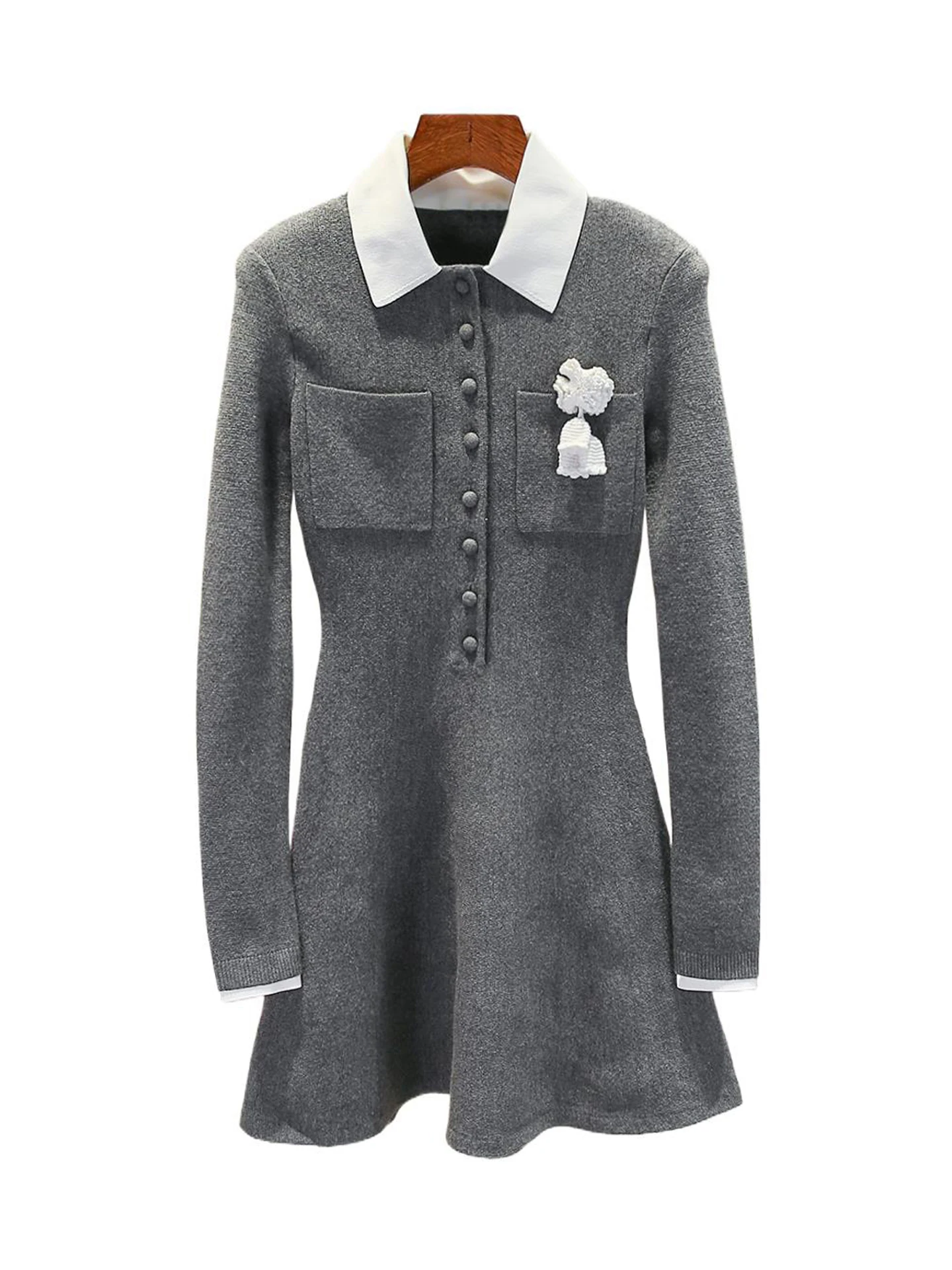 Dr tricoté taille haute avec décoration florale 3D, tissu confortable de poids moyen pour le printemps et l'automne