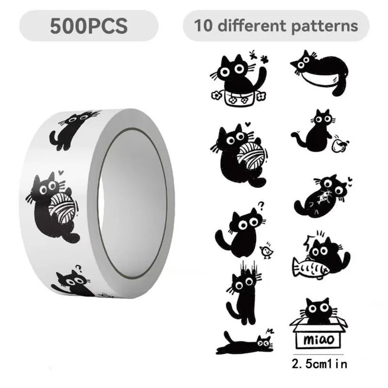500PCS Creative Little Black Cat Cute Cartoon Roll Stickers Decorative Water Cup Notebook DIY Personalized Stickers
