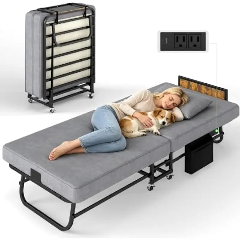Folding Sleeper Bed with Memory Foam Mattress, 4 Lockable Casters, USB Charging Hub, Compact Foldable Design for Small Spaces, D