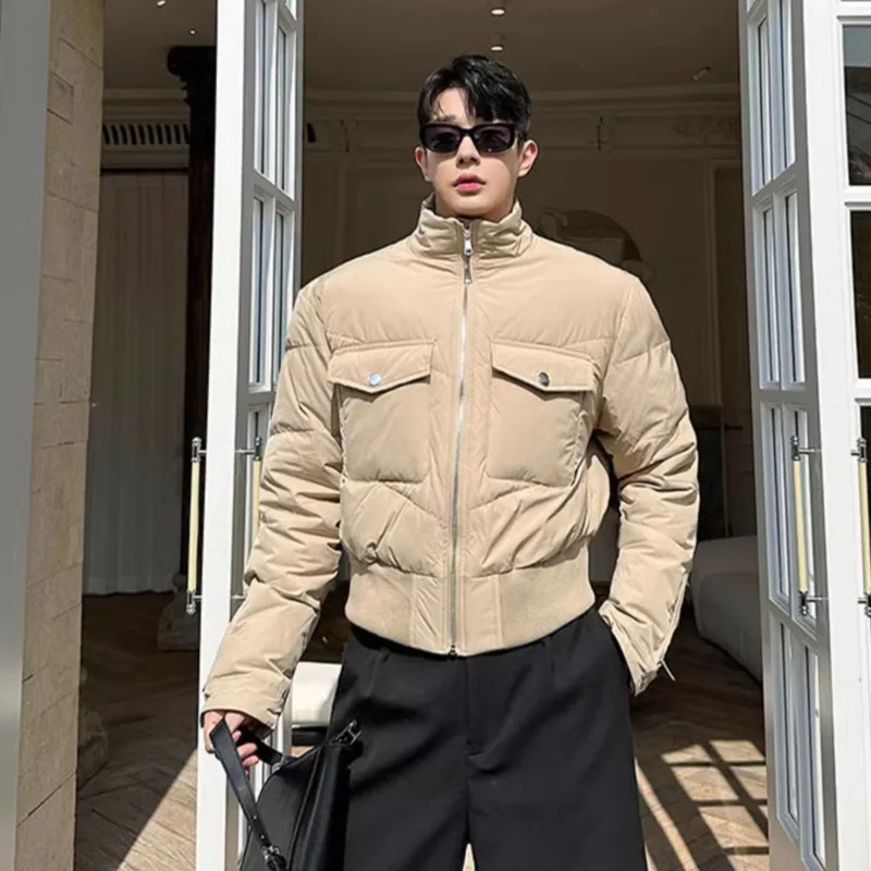

Korean Style Men's Padded Jackets Cuff Zipper Decoration Stand Collar Solid Color Male Short Cotton Coats Winter New