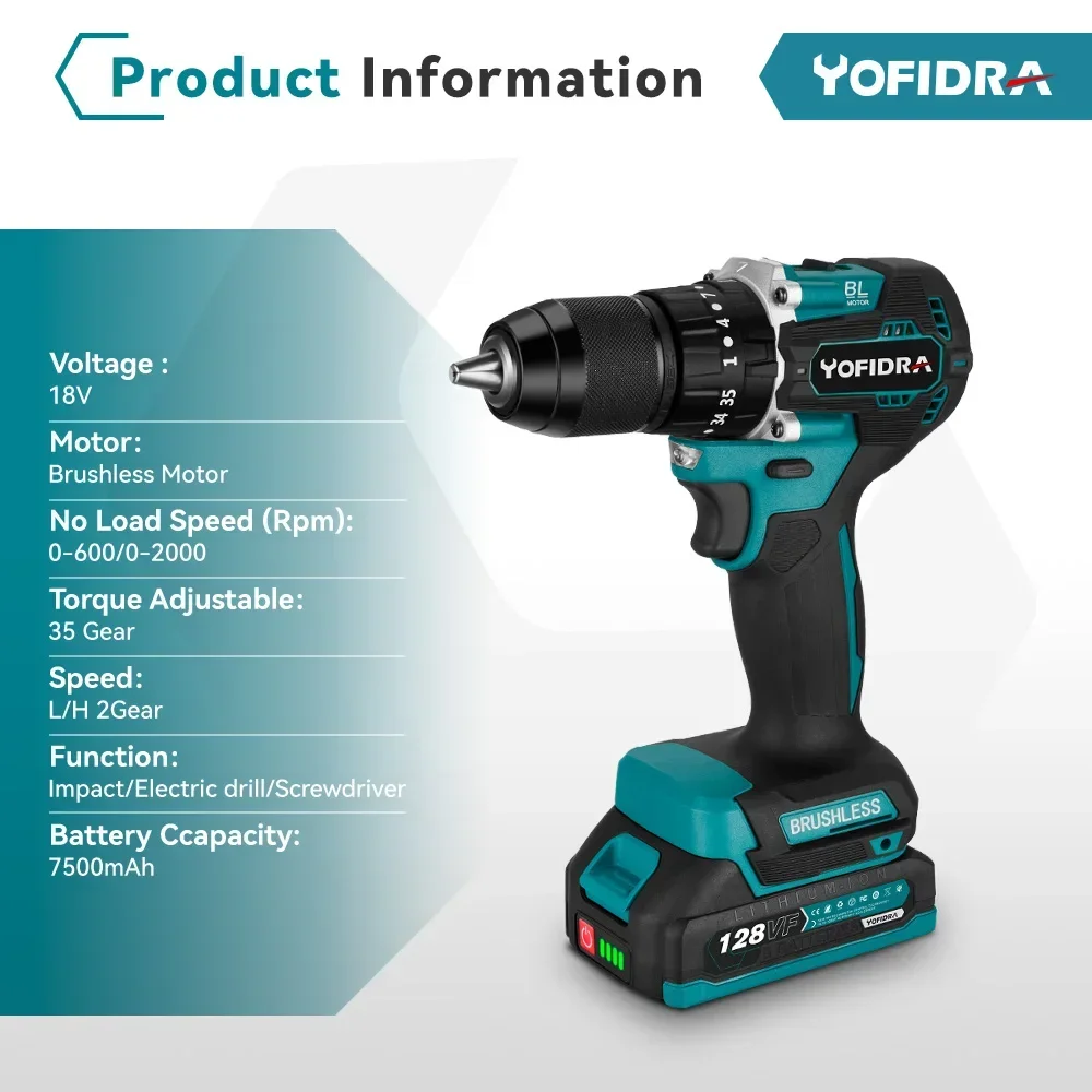 Yofidra 13mm 35+3 Torque Brushless Electric Impact Drill Cordless Efficient Electric Screwdriver Tool For Makita 18V Battery